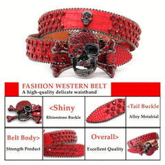 Y2K Punk Skull Rhinestone Belt Red PU Leather Jeans Pants Belt
