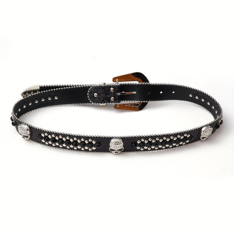 Skull Rivet Rhinestone Belt Hip Hop PU Leather Western Cowboy Cowgirl Bling Belt