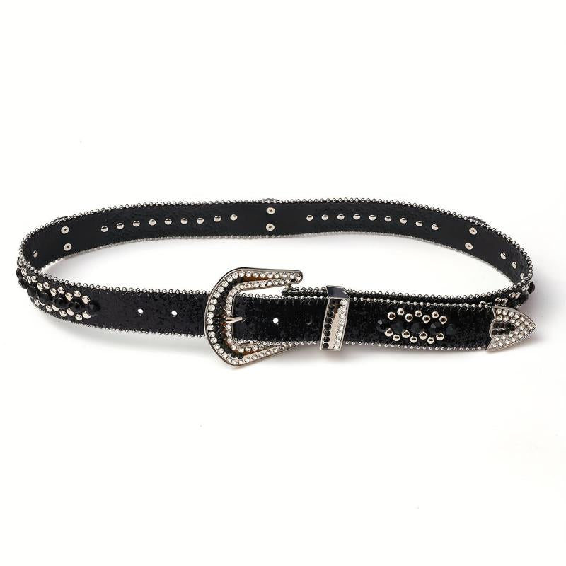 Skull Rivet Rhinestone Belt Hip Hop PU Leather Western Cowboy Cowgirl Bling Belt