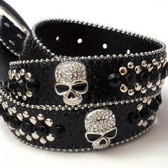 Skull Rivet Rhinestone Belt Hip Hop PU Leather Western Cowboy Cowgirl Bling Belt