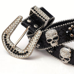 Skull Rivet Rhinestone Belt Hip Hop PU Leather Western Cowboy Cowgirl Bling Belt
