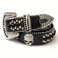 Skull Rivet Rhinestone Belt Hip Hop PU Leather Western Cowboy Cowgirl Bling Belt