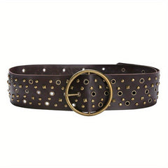 Vintage Brown Steampunk Hollow Out PU Leather Wide Belt with Large Round Buckle