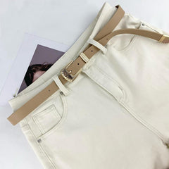 Striped Carved Buckle Belt Apricot PU Vintage Belt for Women