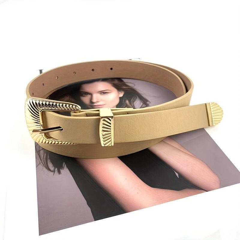 Striped Carved Buckle Belt Apricot PU Vintage Belt for Women
