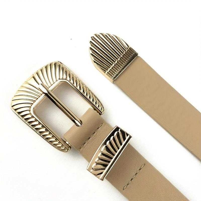 Striped Carved Buckle Belt Apricot PU Vintage Belt for Women