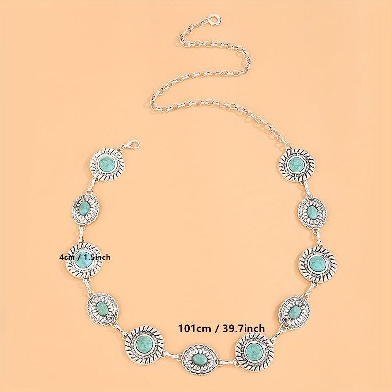 Boho Turquoise Silvery Waist Chain Vintage Western Metal Chain Belt Dress Girdle