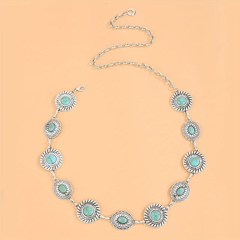 Boho Turquoise Silvery Waist Chain Vintage Western Metal Chain Belt Dress Girdle