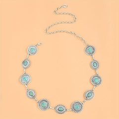 Boho Turquoise Silvery Waist Chain Vintage Western Metal Chain Belt Dress Girdle