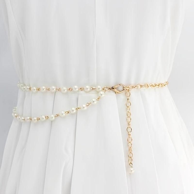 Vintage Faux Pearl Waist Chain Thin Belt