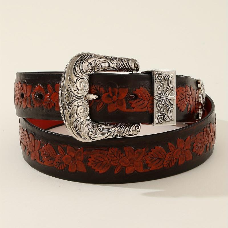 Vintage Engraved Buckle Belt Embossed PU Leather Belt For Women