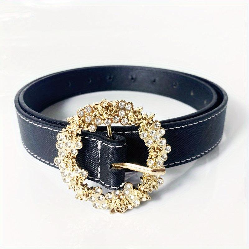 Matte Belt Rhinestone Round Carved Buckle Belt for Women