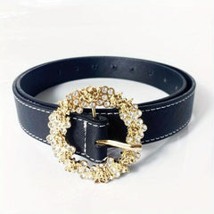 Matte Belt Rhinestone Round Carved Buckle Belt for Women