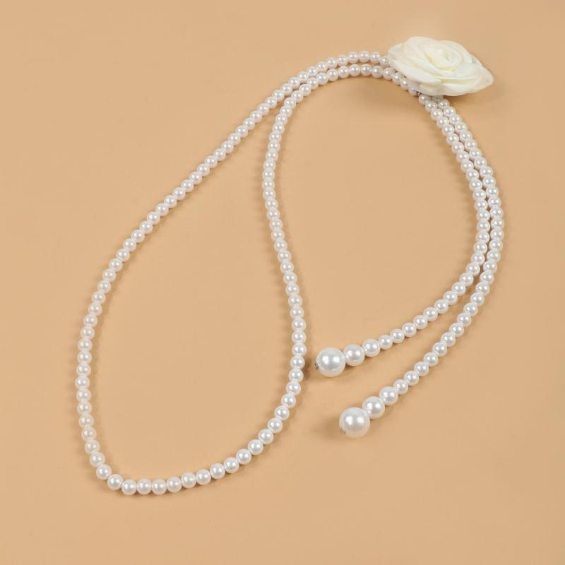 Faux Pearl Waist Chain Rose Decor Waistband Dress Sweater Girdle