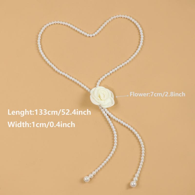 Faux Pearl Waist Chain Rose Decor Waistband Dress Sweater Girdle