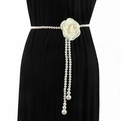Faux Pearl Waist Chain Rose Decor Waistband Dress Sweater Girdle