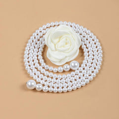 Faux Pearl Waist Chain Rose Decor Waistband Dress Sweater Girdle