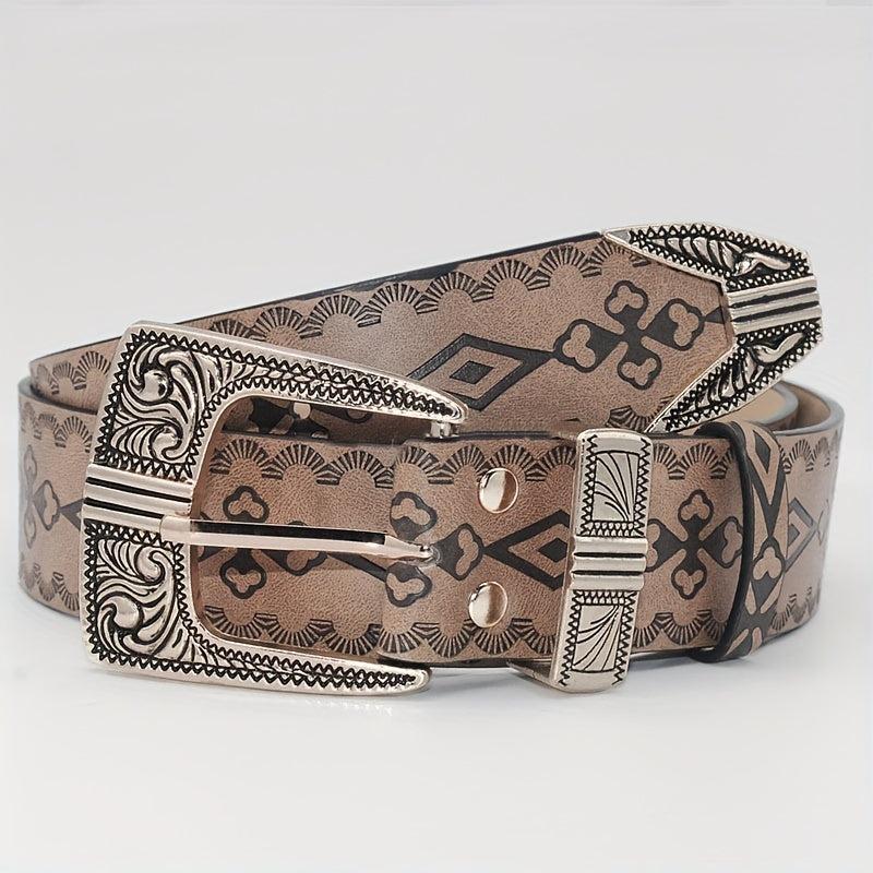 Vintage Embossed PU Belt Boho Carved Buckle Cowboy Cowgirl Waistband