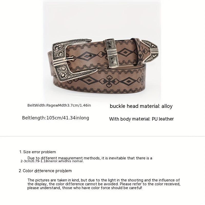 Vintage Embossed PU Belt Boho Carved Buckle Cowboy Cowgirl Waistband
