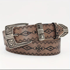 Vintage Embossed PU Belt Boho Carved Buckle Cowboy Cowgirl Waistband