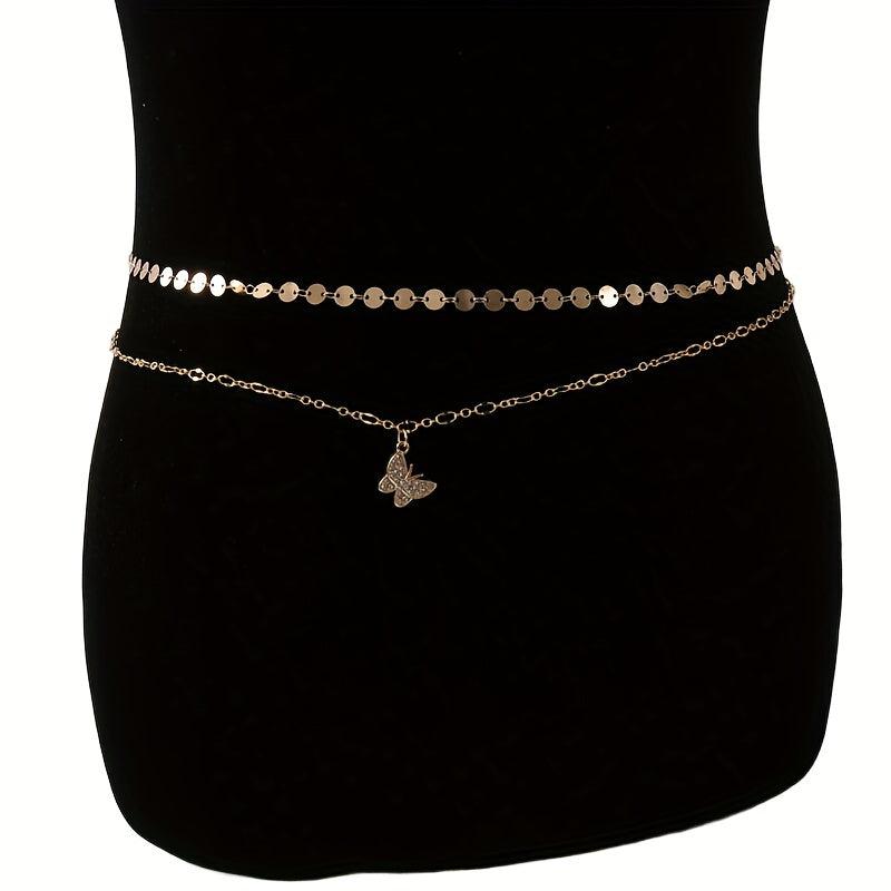 Double Layer Golden Waist Chain Rhinestone Decor Butterfly Pendant