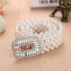Elastic Faux Pearl Waist Chain Hollow Out Buckle Dress Girdle Chain Belts