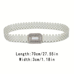 Elastic Faux Pearl Waist Chain Hollow Out Buckle Dress Girdle Chain Belts