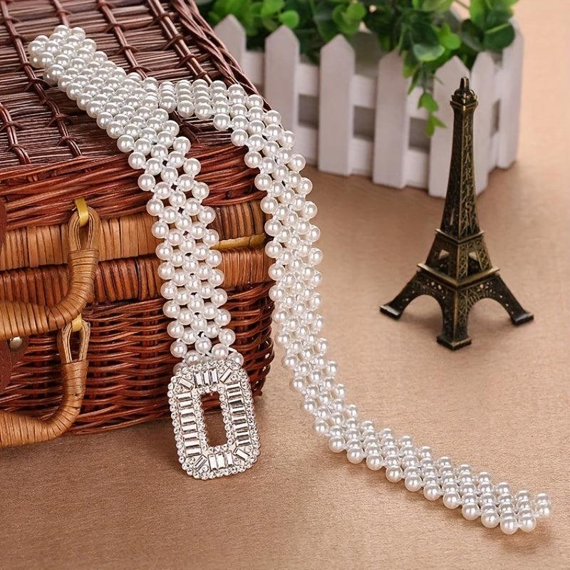 Elastic Faux Pearl Waist Chain Hollow Out Buckle Dress Girdle Chain Belts