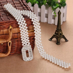 Elastic Faux Pearl Waist Chain Hollow Out Buckle Dress Girdle Chain Belts