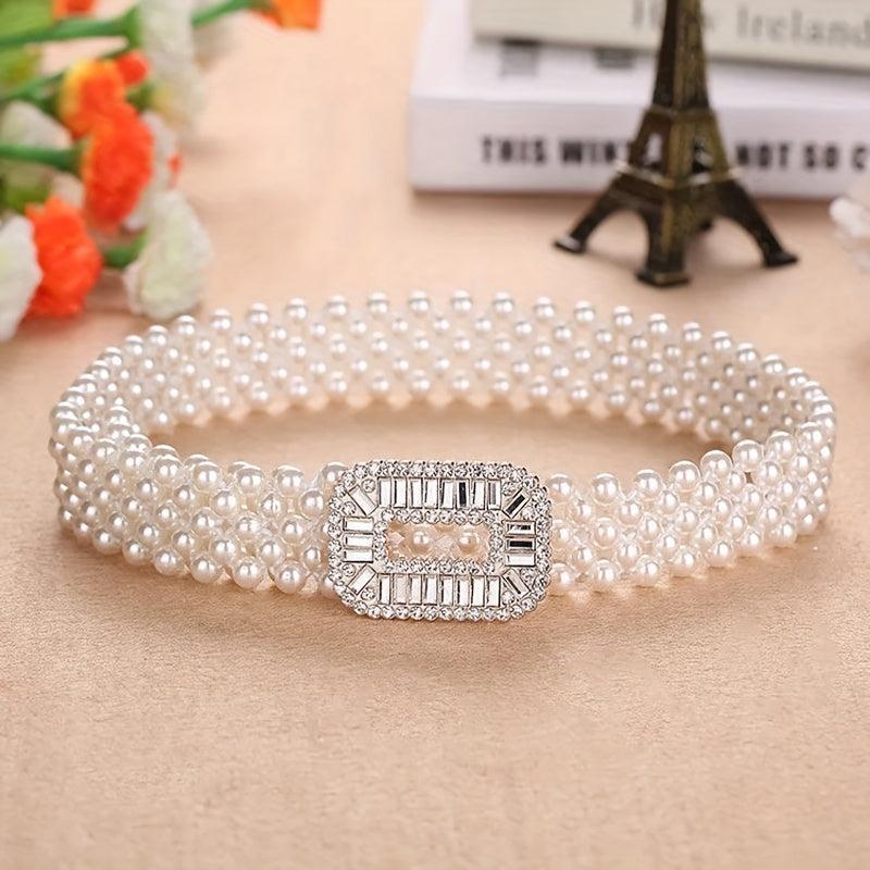 Elastic Faux Pearl Waist Chain Hollow Out Buckle Dress Girdle Chain Belts