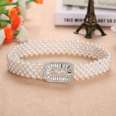 Elastic Faux Pearl Waist Chain Hollow Out Buckle Dress Girdle Chain Belts
