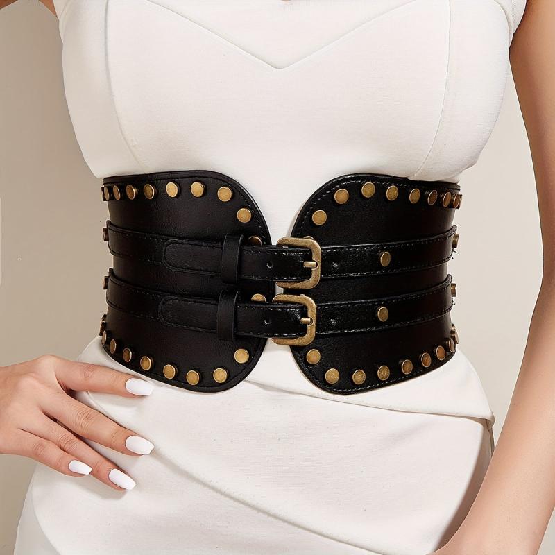 Vintage Punk Rivet Wide Belt Double Pin Buckle Waistband for Women