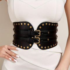 Vintage Punk Rivet Wide Belt Double Pin Buckle Waistband for Women