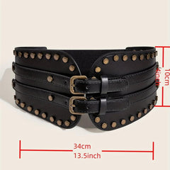 Vintage Punk Rivet Wide Belt Double Pin Buckle Waistband for Women