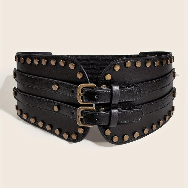 Vintage Punk Rivet Wide Belt Double Pin Buckle Waistband for Women