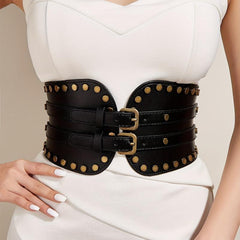 Vintage Punk Rivet Wide Belt Double Pin Buckle Waistband for Women