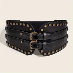 Vintage Punk Rivet Wide Belt Double Pin Buckle Waistband for Women