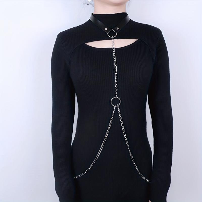 Chain Fringe Harness Punk Rivet PU Leather Waistband Neck Harness
