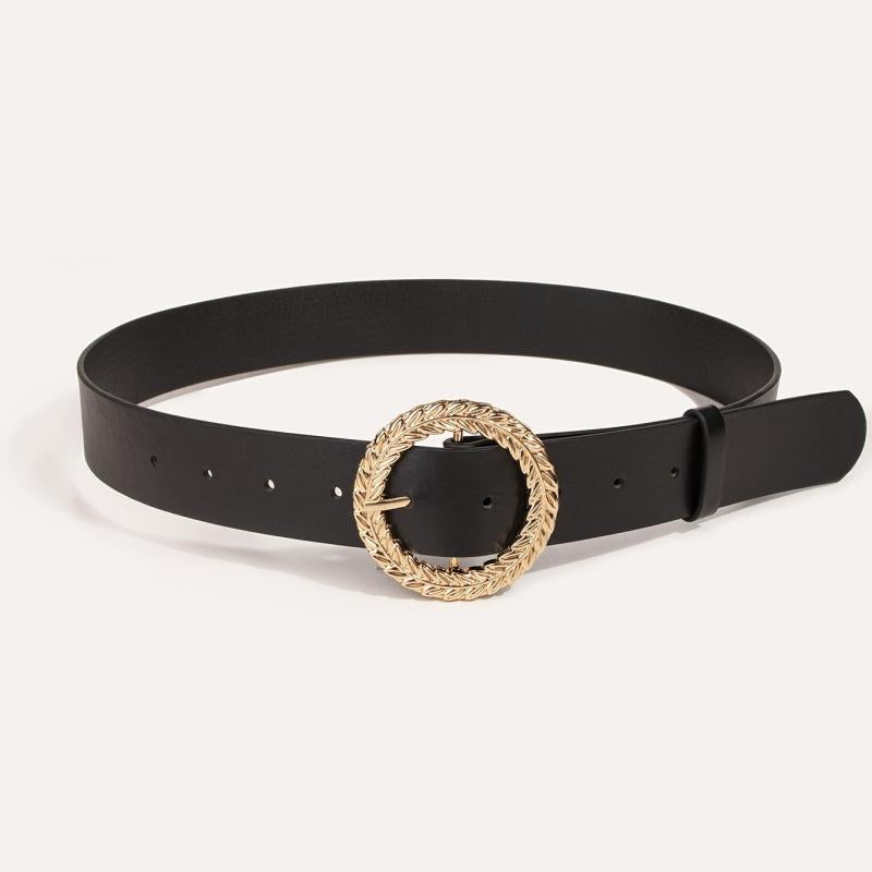 Women Jeans Belt PU Leather Round Leaf Buckle For Pants Dress Waist Belt