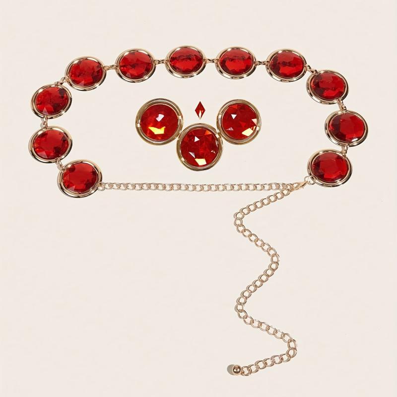 Wine Red Crystal Chain Belt Rhinestone Inlaid Women Girdle Dress Waistband