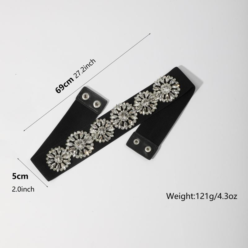 Rhinestone Flower Wide Belt Elastic Waistband for Women