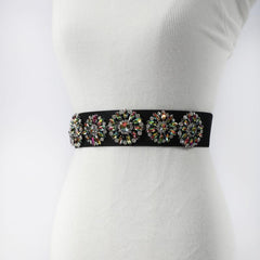 Rhinestone Flower Wide Belt Elastic Waistband for Women