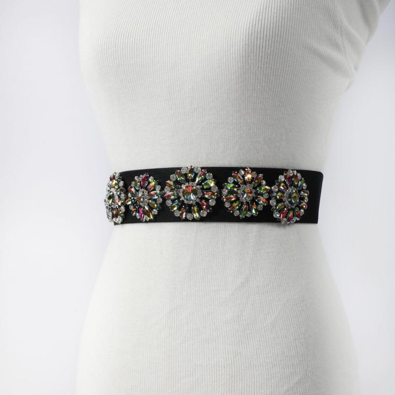 Rhinestone Flower Wide Belt Elastic Waistband for Women