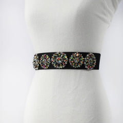 Rhinestone Flower Wide Belt Elastic Waistband for Women