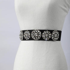 Rhinestone Flower Wide Belt Elastic Waistband for Women