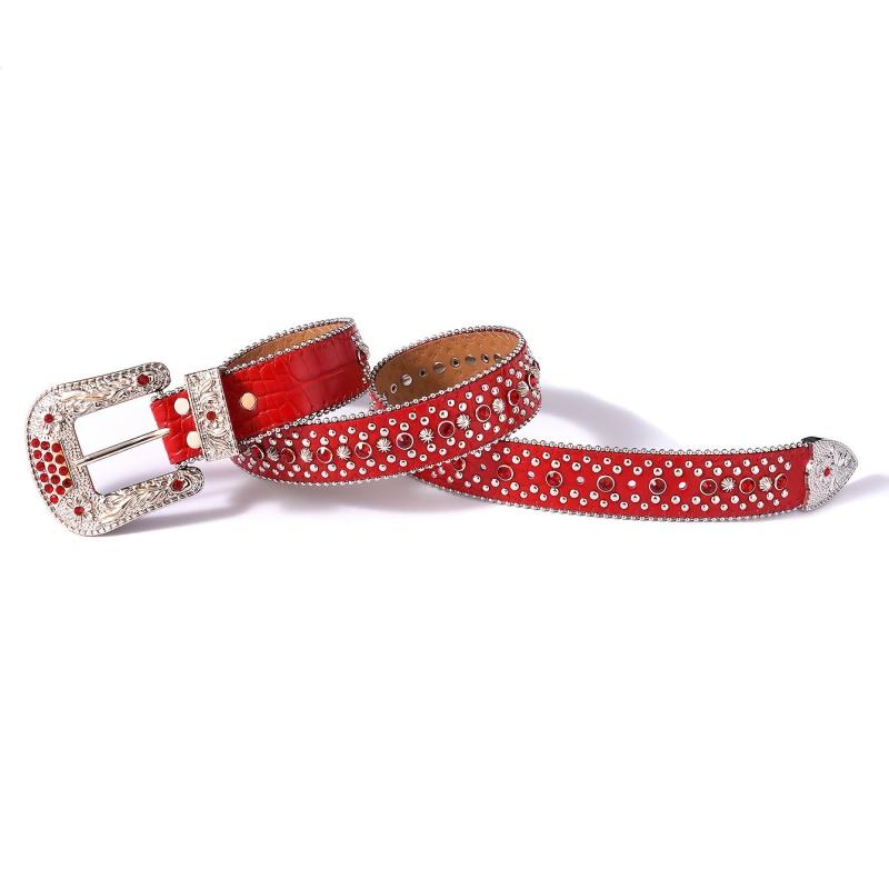 Punk Rhinestone Belt Western Studded Red