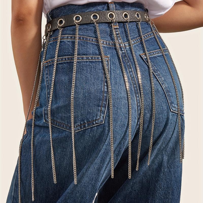 Chain Tassel Skirt Belt Hip Hop Eyelet Waistband PU Dress Girdle Jeans Pants Bel