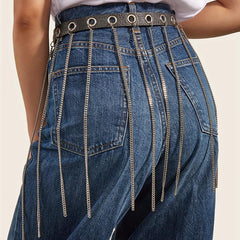 Chain Tassel Skirt Belt Hip Hop Eyelet Waistband PU Dress Girdle Jeans Pants Bel