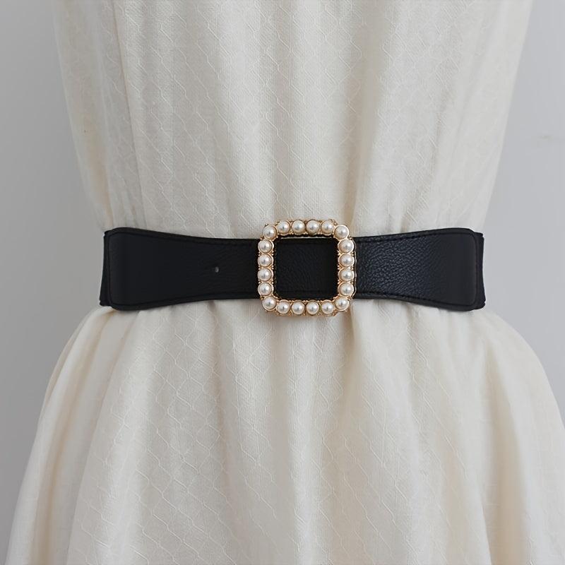 High Elasticity Ladies Square Buckle Pearl Belt With Dress