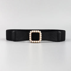 High Elasticity Ladies Square Buckle Pearl Belt With Dress